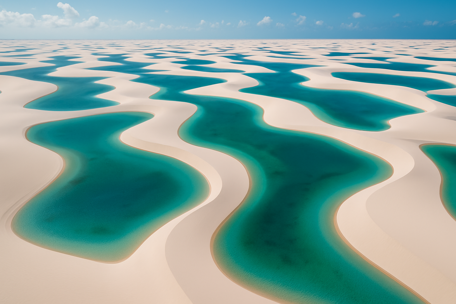 Travel Brazil. Blue lagoon surrounded by sand dunes at Lençóis Maranhenses